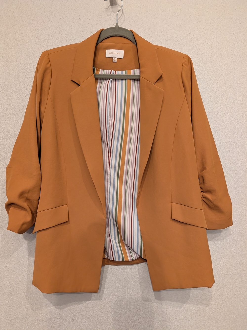 Skies Are Blue Ruched Sleeve Open Front Blazer Camel Tan Striped Lining - Size M